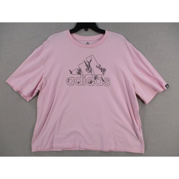 Adidas Soft Pink Floral Logo Graphic Tee Size XL Womens Casual Shirt - Picture 1 of 7
